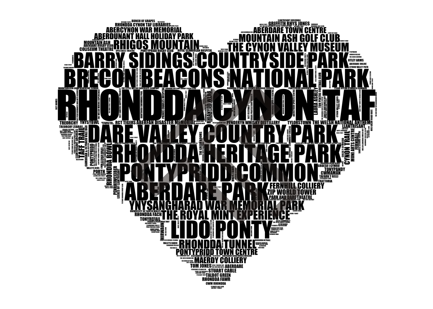 Rhondda Cynon Taf - Premium Typographic Word Cloud Prints, Posters & Gifts