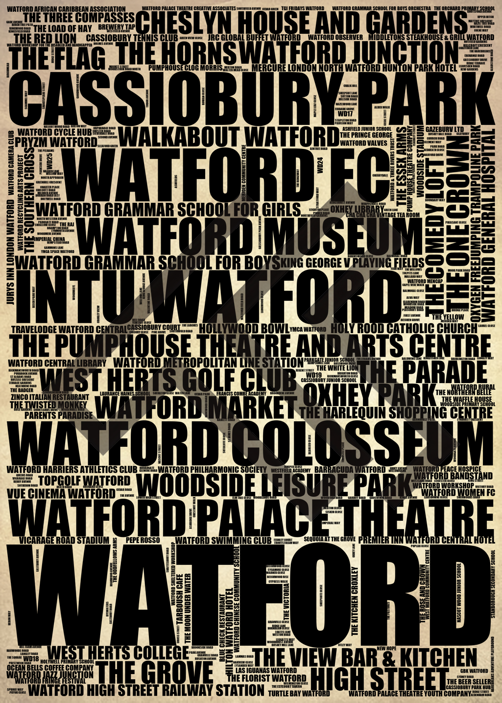 Watford - Premium Typographic Word Cloud Prints, Posters & Gifts