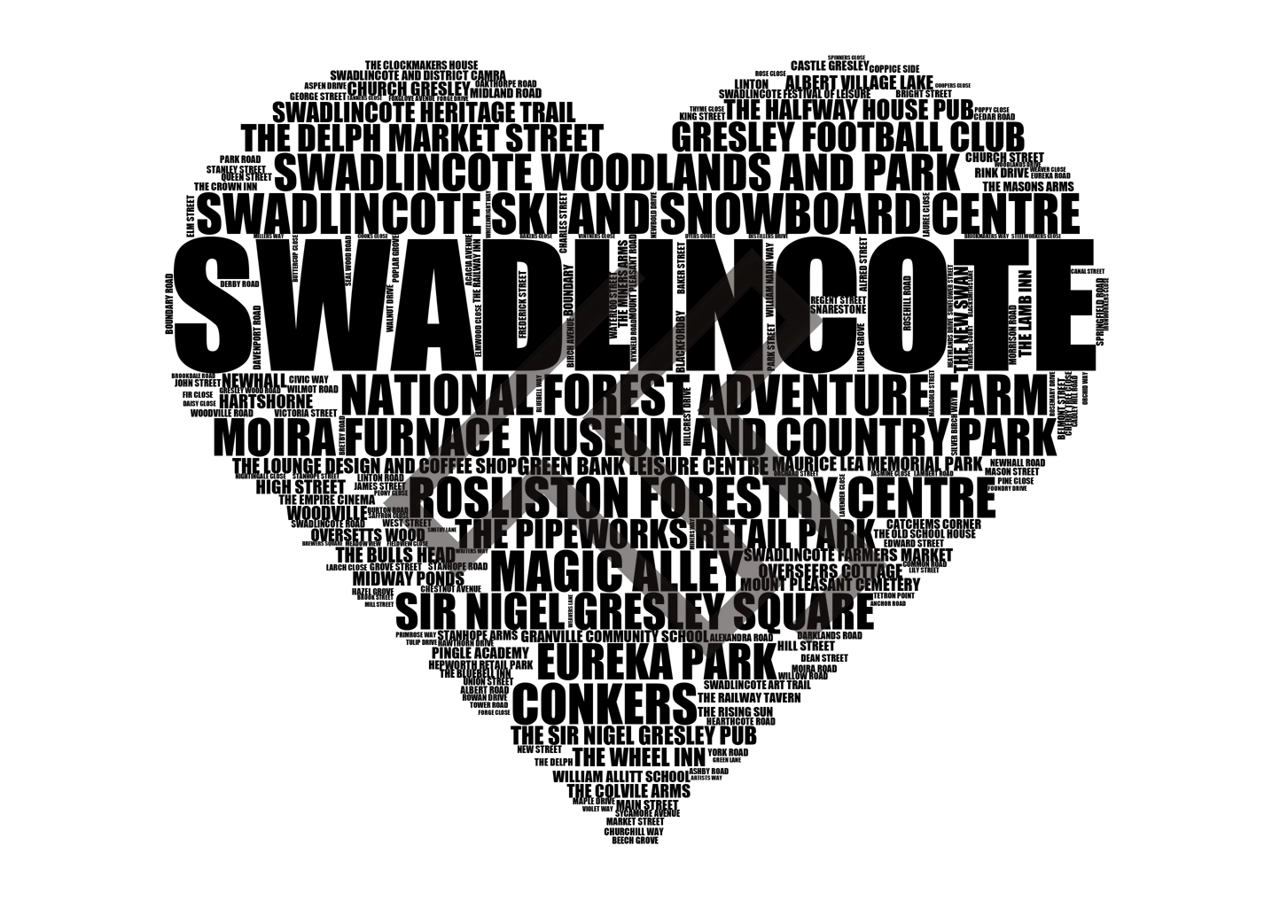 Swadlincote - Premium Typographic Word Cloud Prints, Posters & Gifts