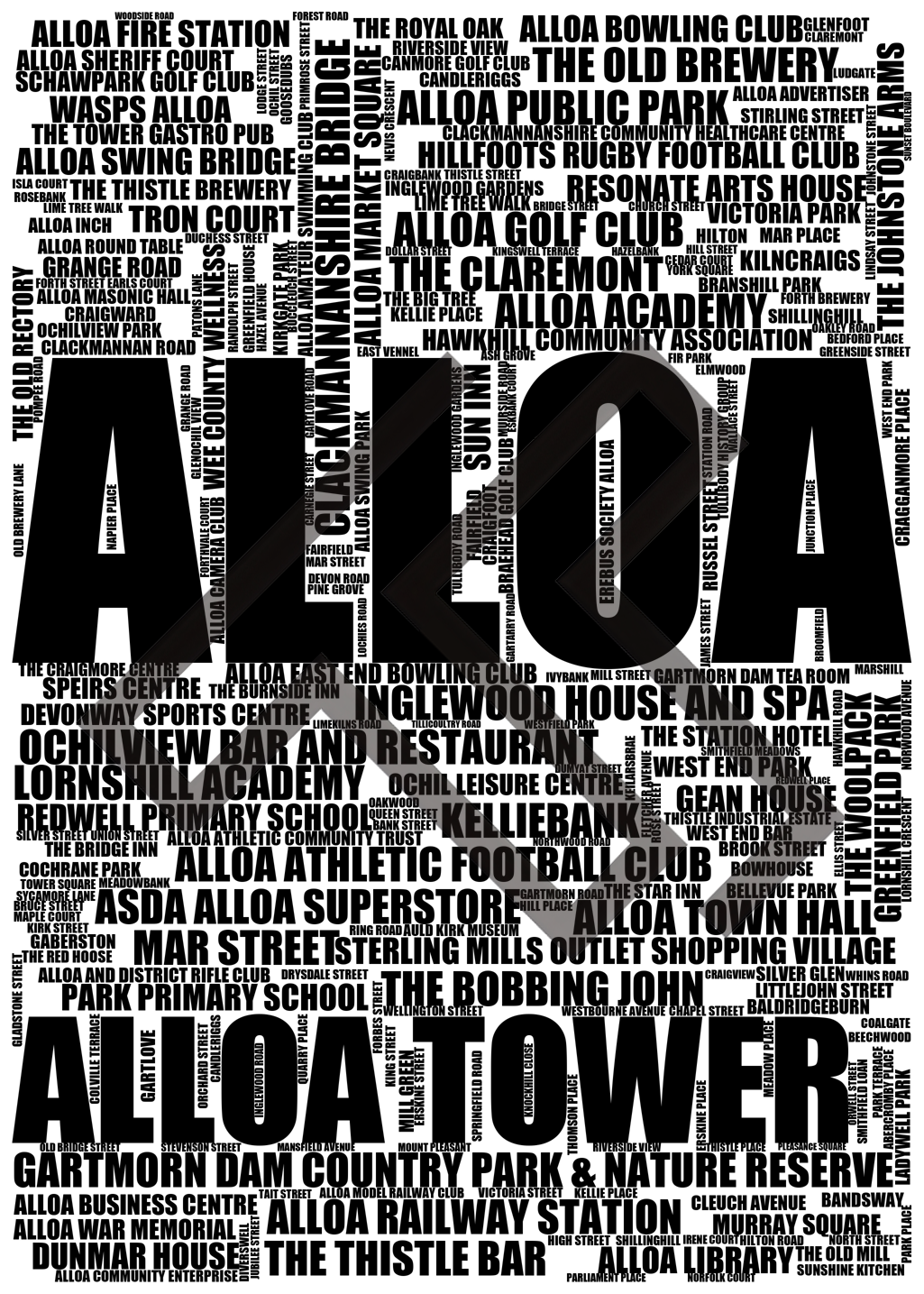 Alloa - Premium Typographic Word Cloud Prints, Posters & Gifts