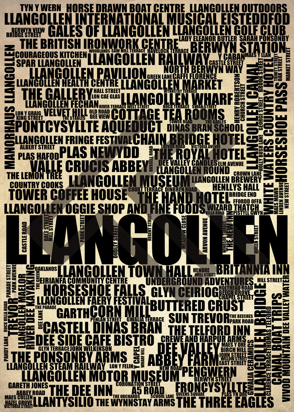 Llangollen - Premium Typographic Word Cloud Prints, Posters & Gifts