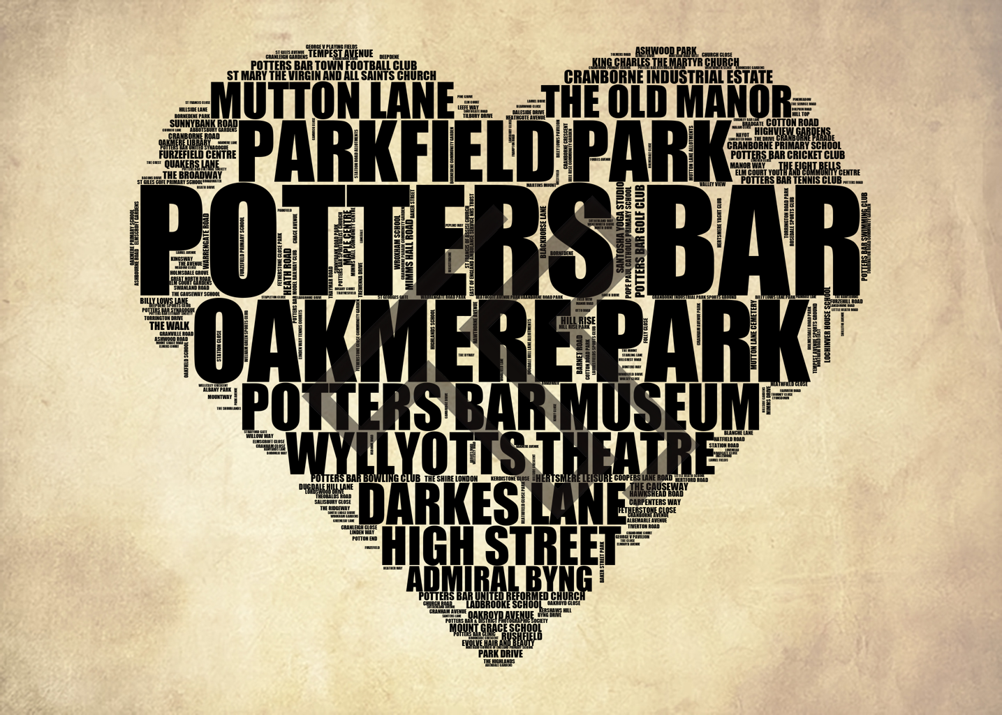 Potters Bar - Premium Typographic Word Cloud Prints, Posters & Gifts