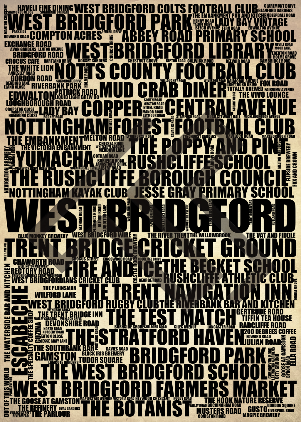 West Bridgford - Premium Typographic Word Cloud Prints, Posters & Gifts