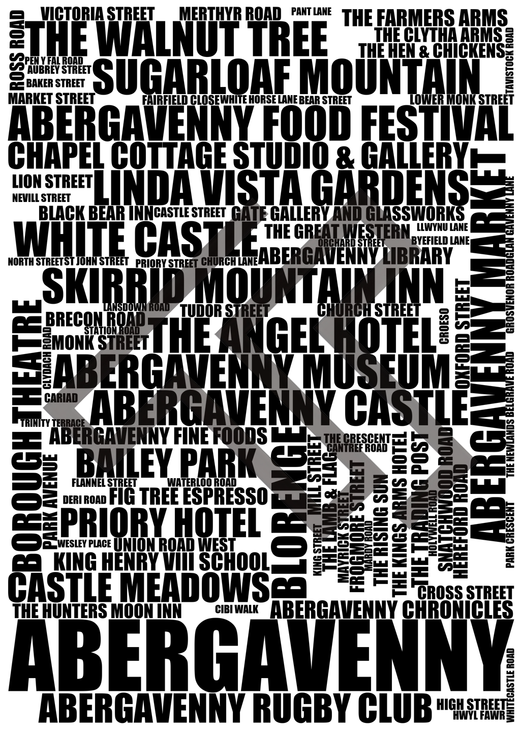 Abergavenny - Premium Typographic Word Cloud Prints, Posters & Gifts