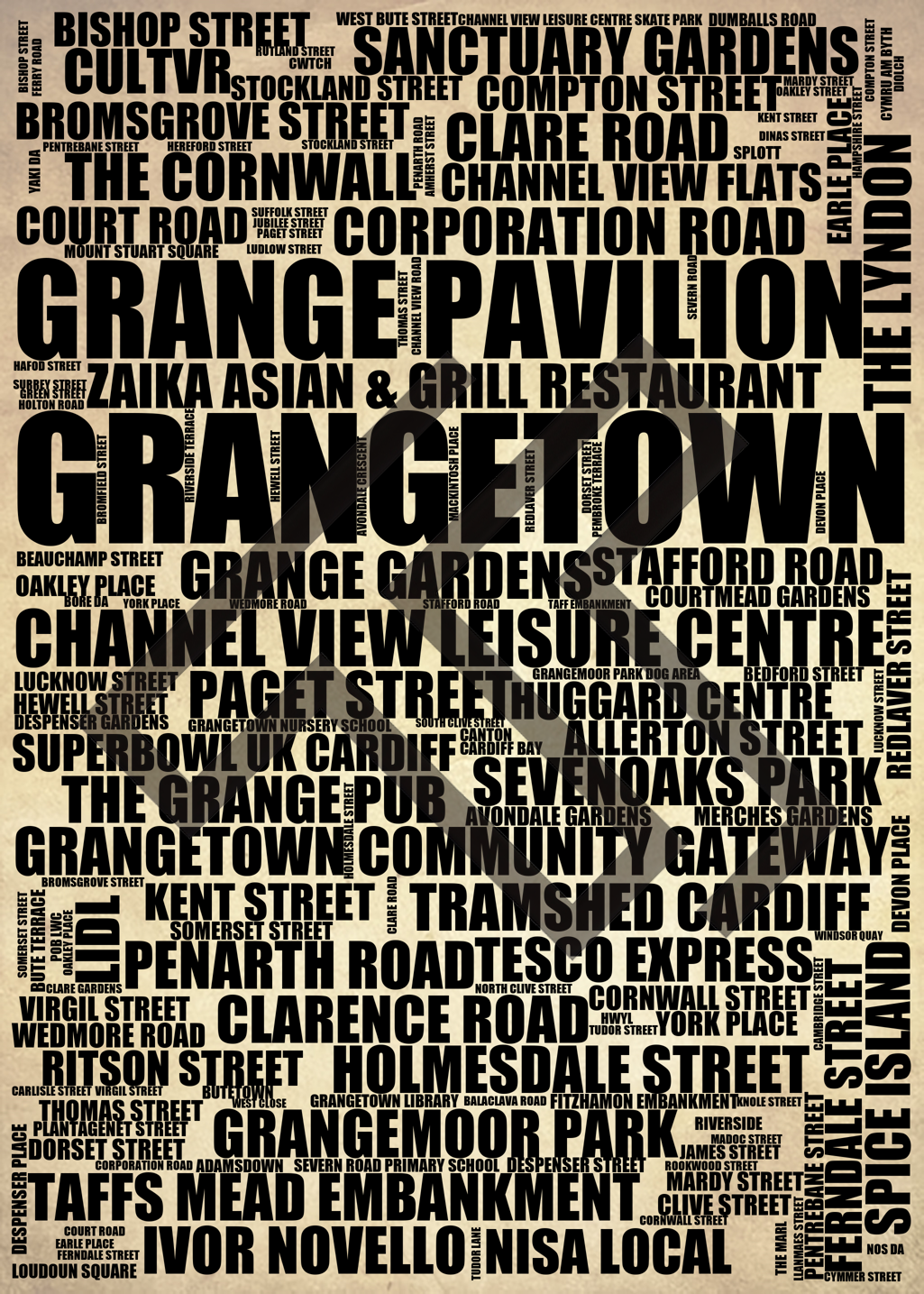 Grangetown - Premium Typographic Word Cloud Prints, Posters & Gifts