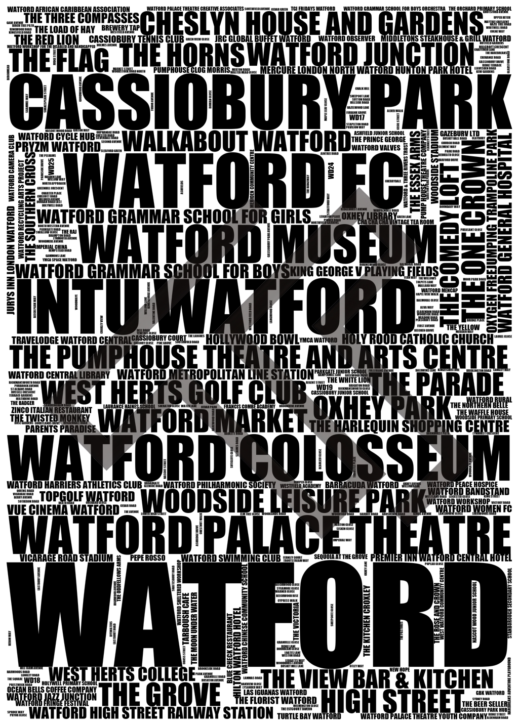 Watford - Premium Typographic Word Cloud Prints, Posters & Gifts