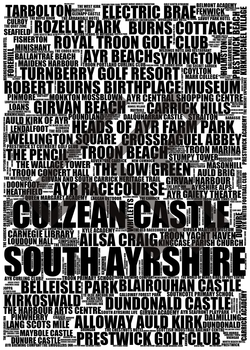 South Ayrshire - Premium Typographic Word Cloud Prints, Posters & Gifts