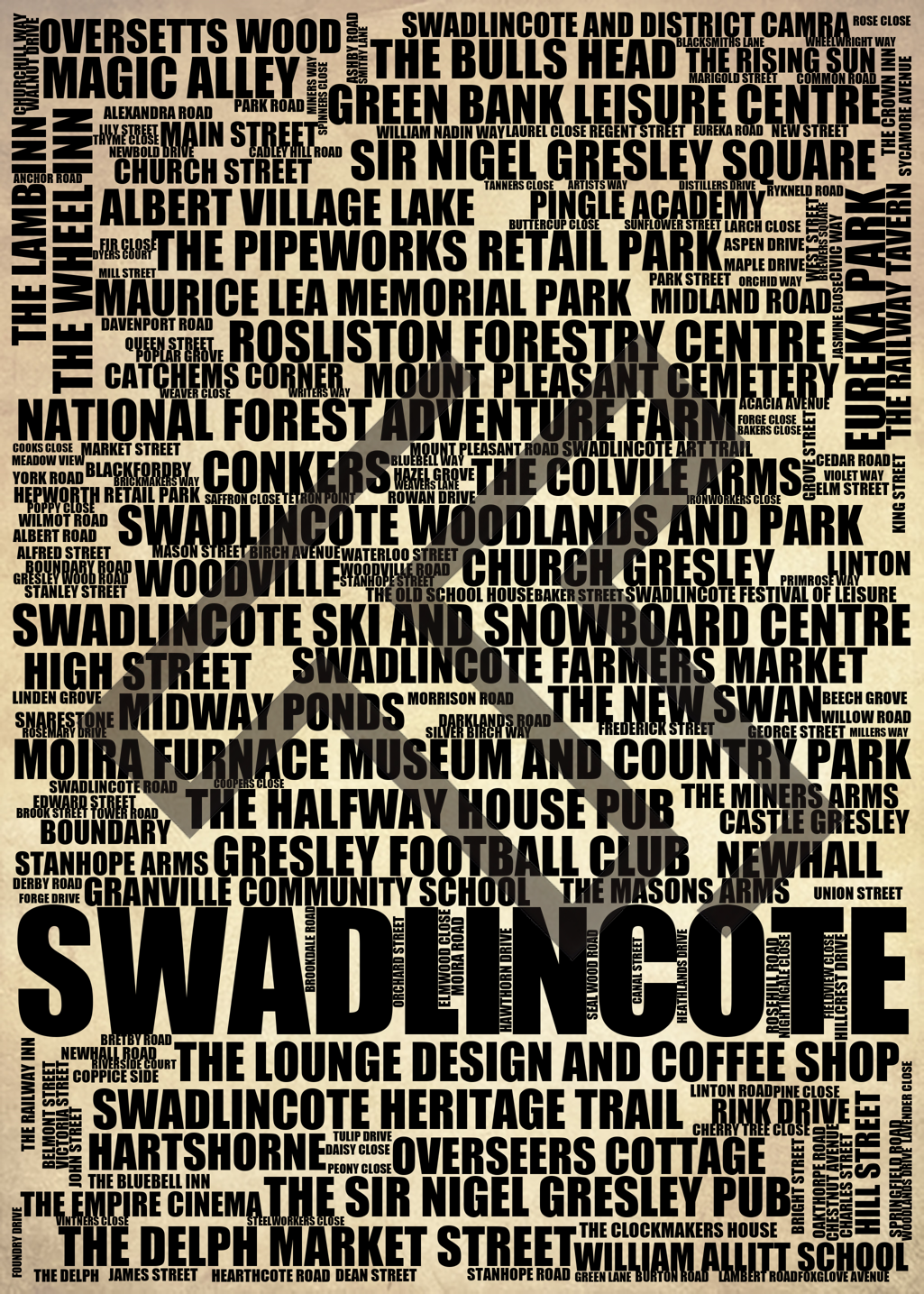 Swadlincote - Premium Typographic Word Cloud Prints, Posters & Gifts