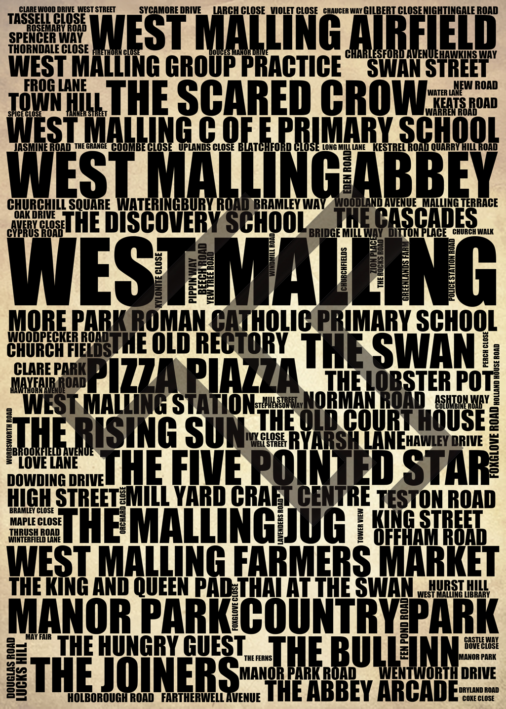 West Malling - Premium Typographic Word Cloud Prints, Posters & Gifts