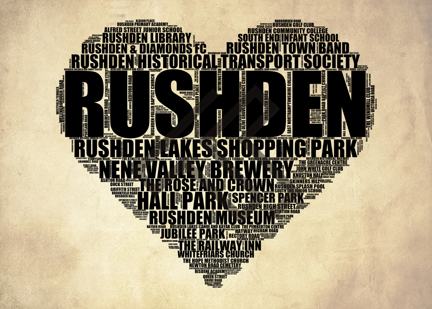 Rushden - Premium Typographic Word Cloud Prints, Posters & Gifts