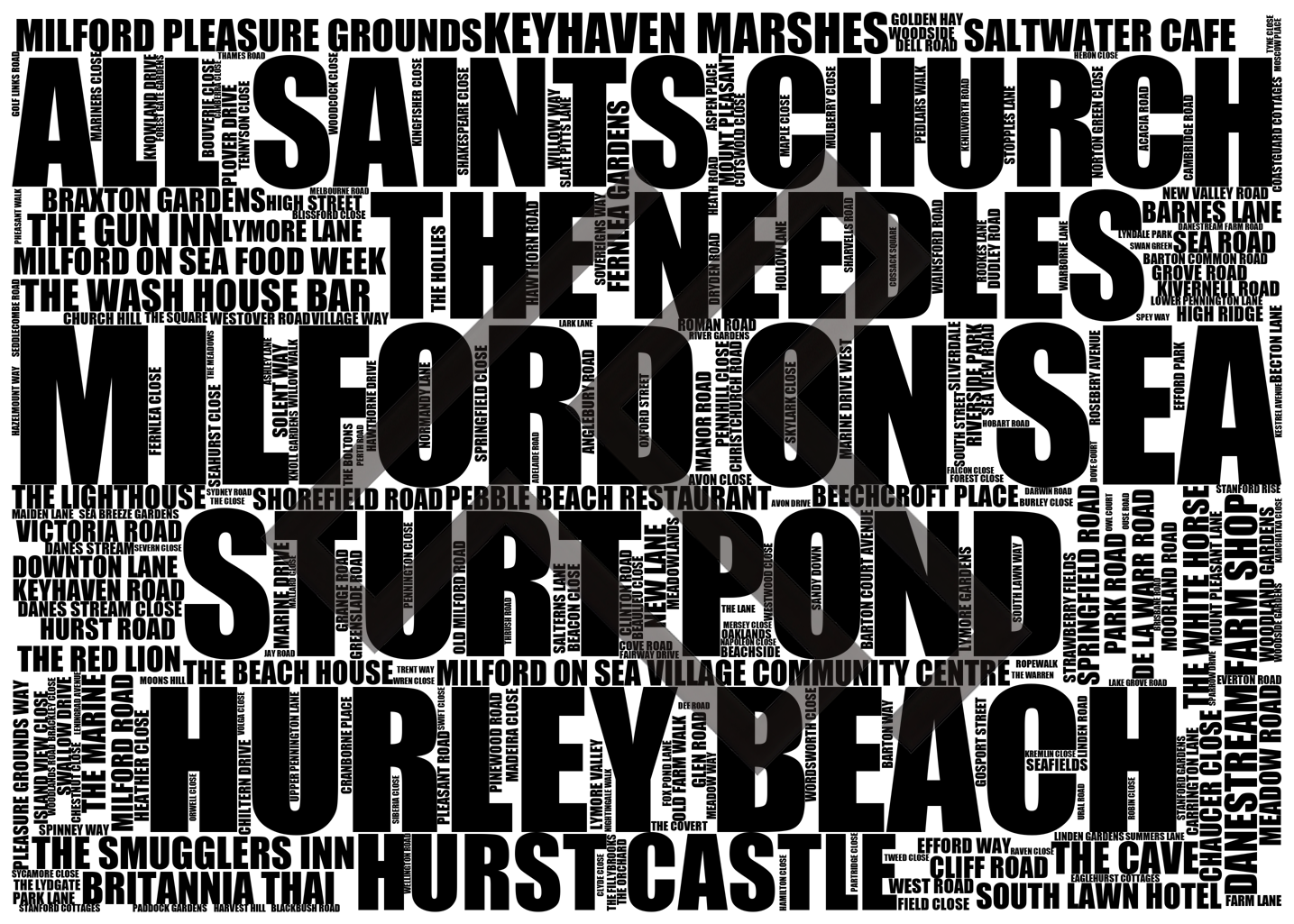Milford on Sea - Premium Typographic Word Cloud Prints, Posters & Gifts