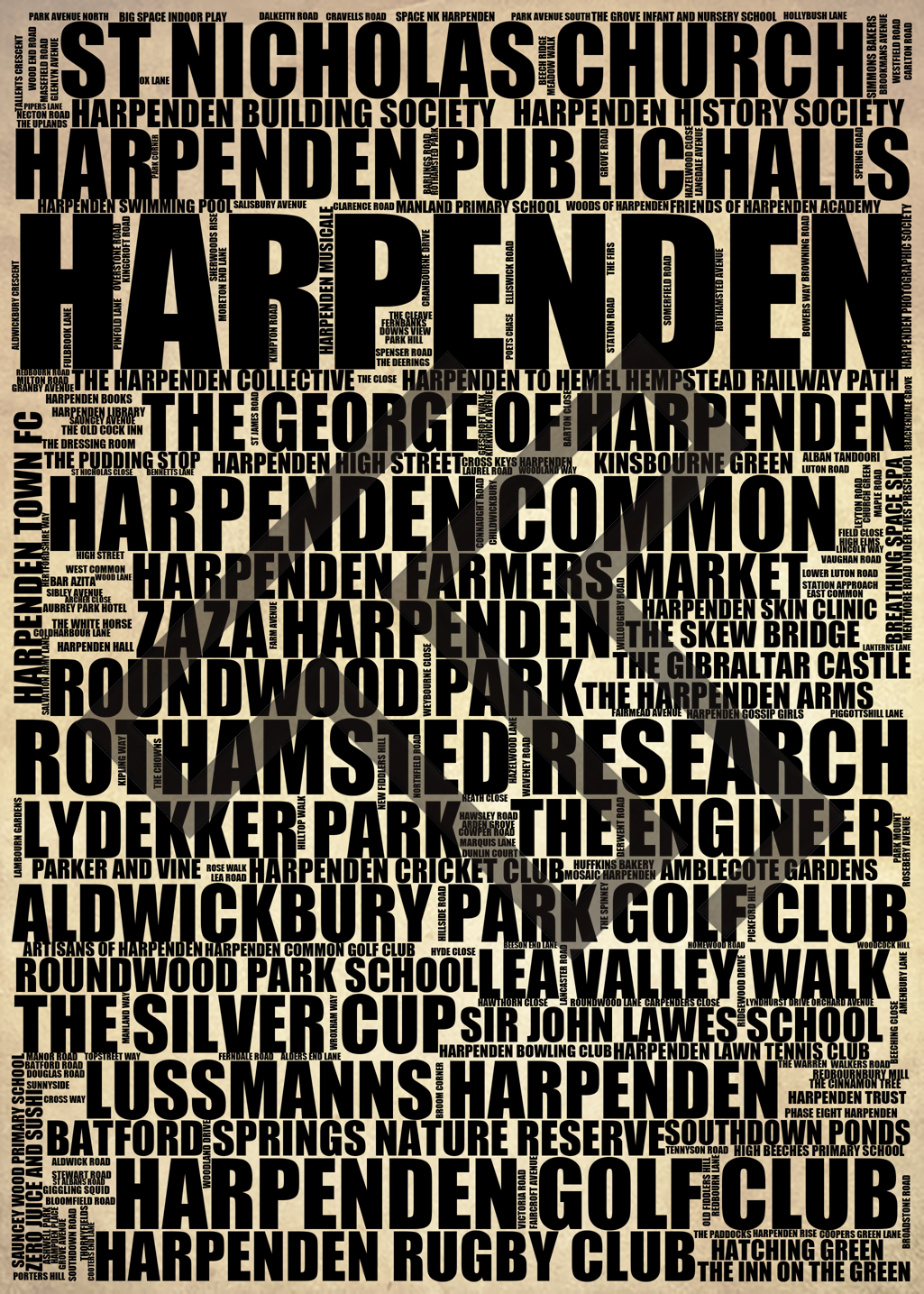 Harpenden - Premium Typographic Word Cloud Prints, Posters & Gifts