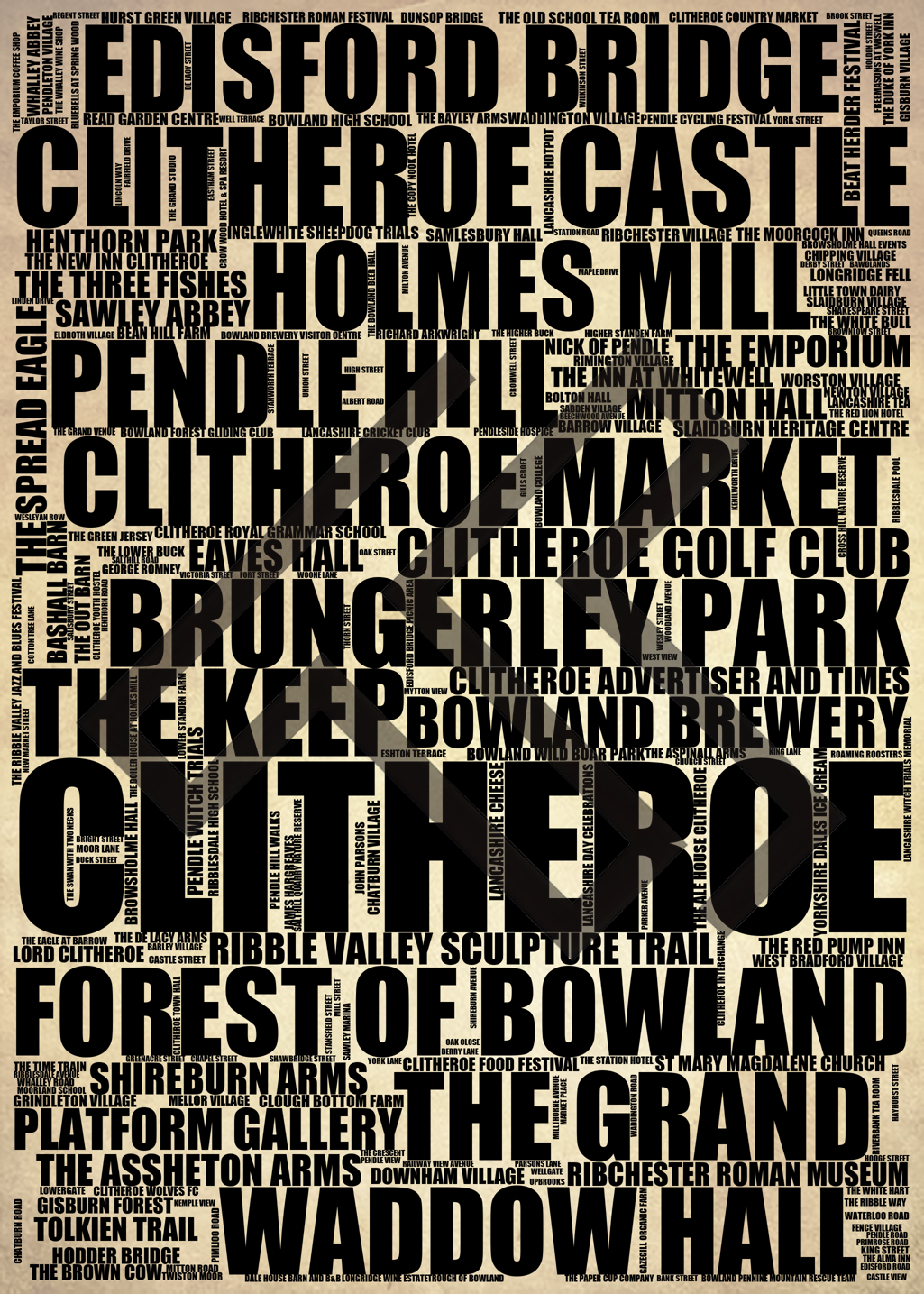 Clitheroe - Premium Typographic Word Cloud Prints, Posters & Gifts