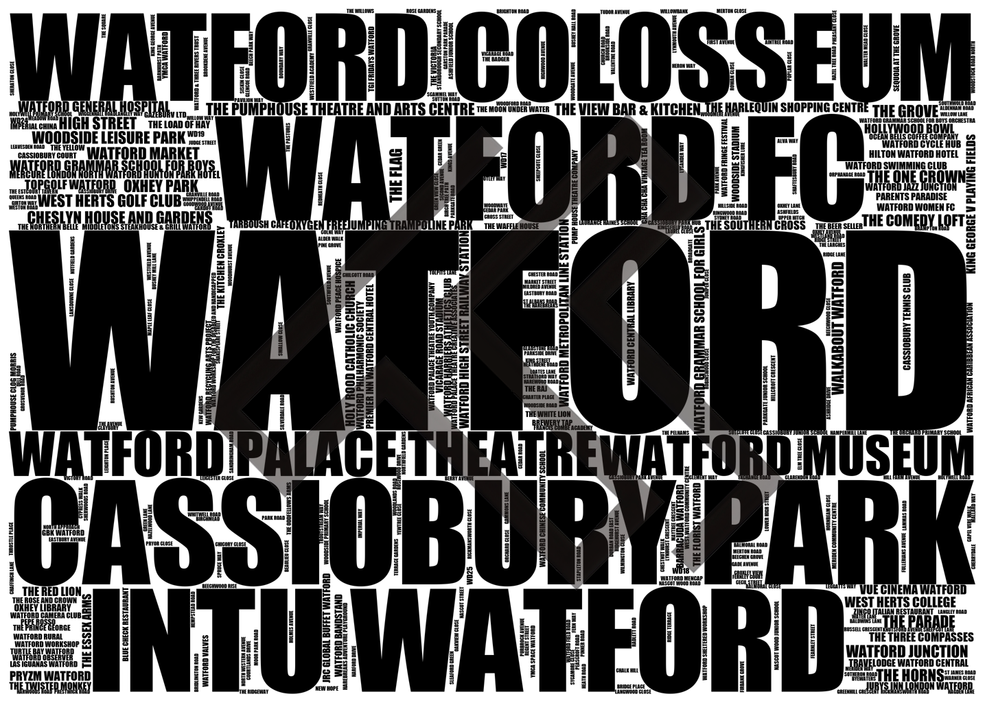 Watford - Premium Typographic Word Cloud Prints, Posters & Gifts