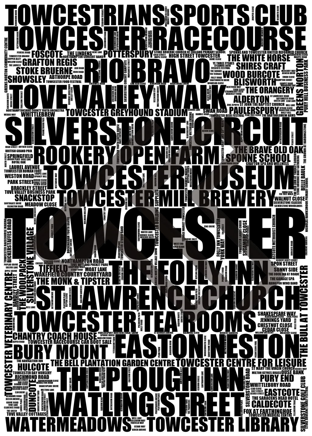 Towcester - Premium Typographic Word Cloud Prints, Posters & Gifts