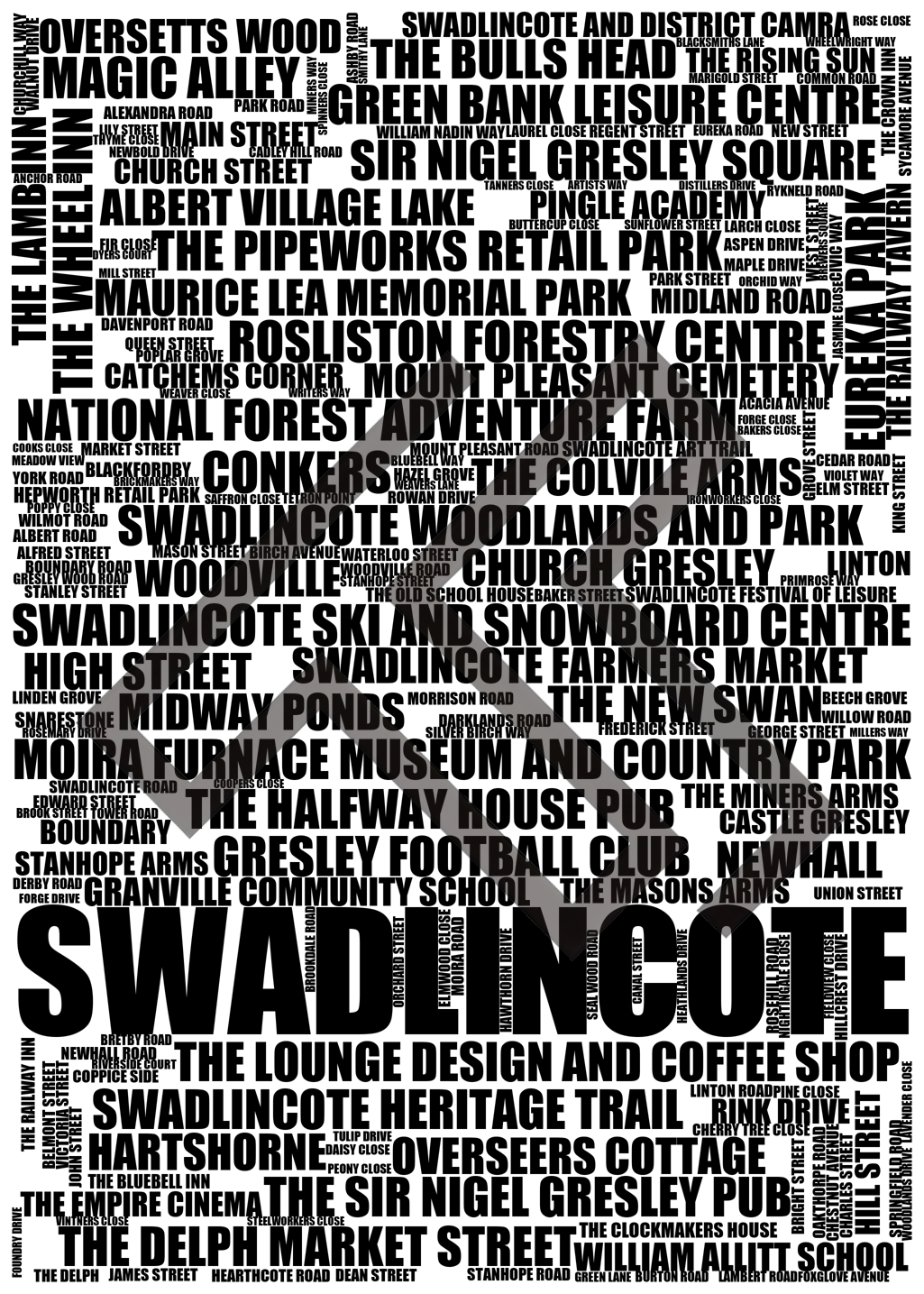 Swadlincote - Premium Typographic Word Cloud Prints, Posters & Gifts