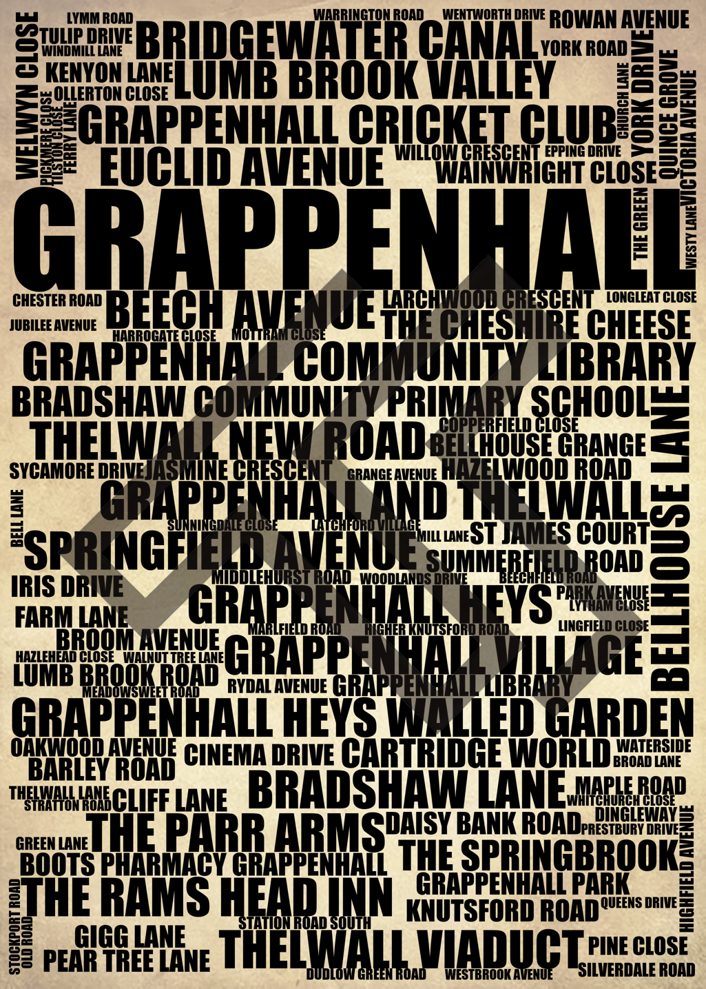 Grappenhall - Premium Typographic Word Cloud Prints, Posters & Gifts