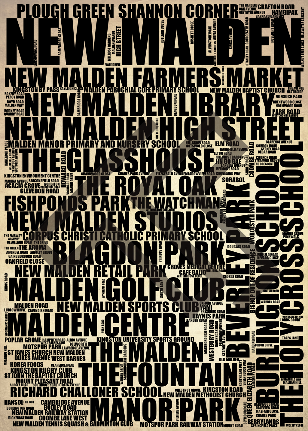 New Malden - Premium Typographic Word Cloud Prints, Posters & Gifts