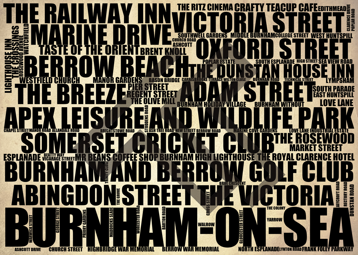 Burnham-on-Sea - Premium Typographic Word Cloud Prints, Posters & Gifts
