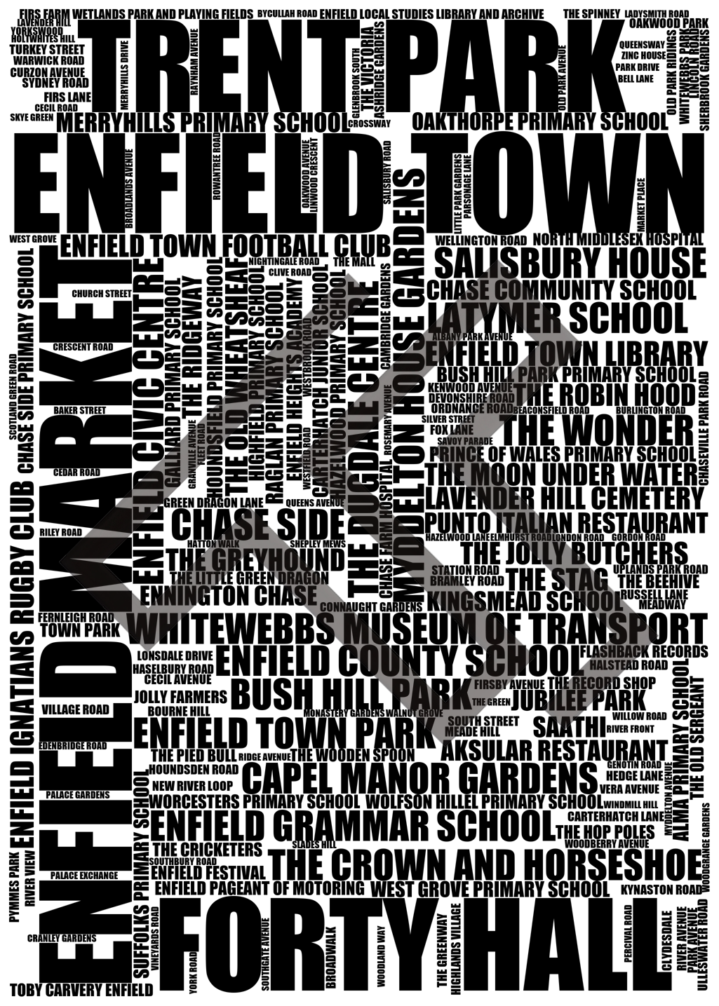 Enfield Town - Premium Typographic Word Cloud Prints, Posters & Gifts