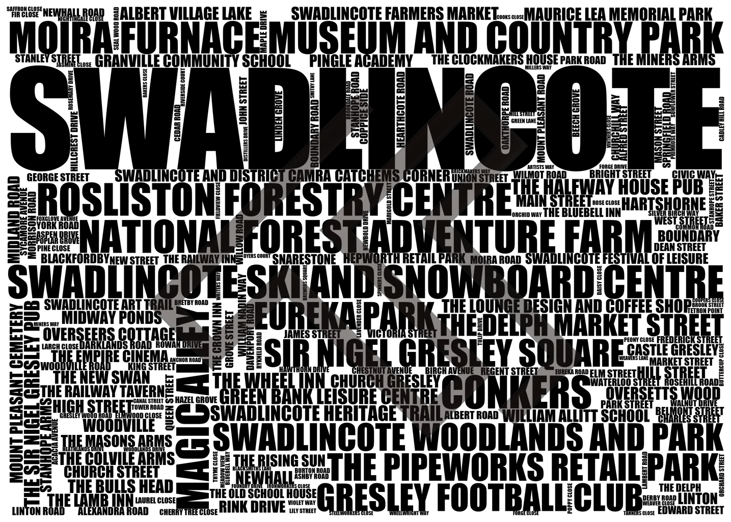 Swadlincote - Premium Typographic Word Cloud Prints, Posters & Gifts