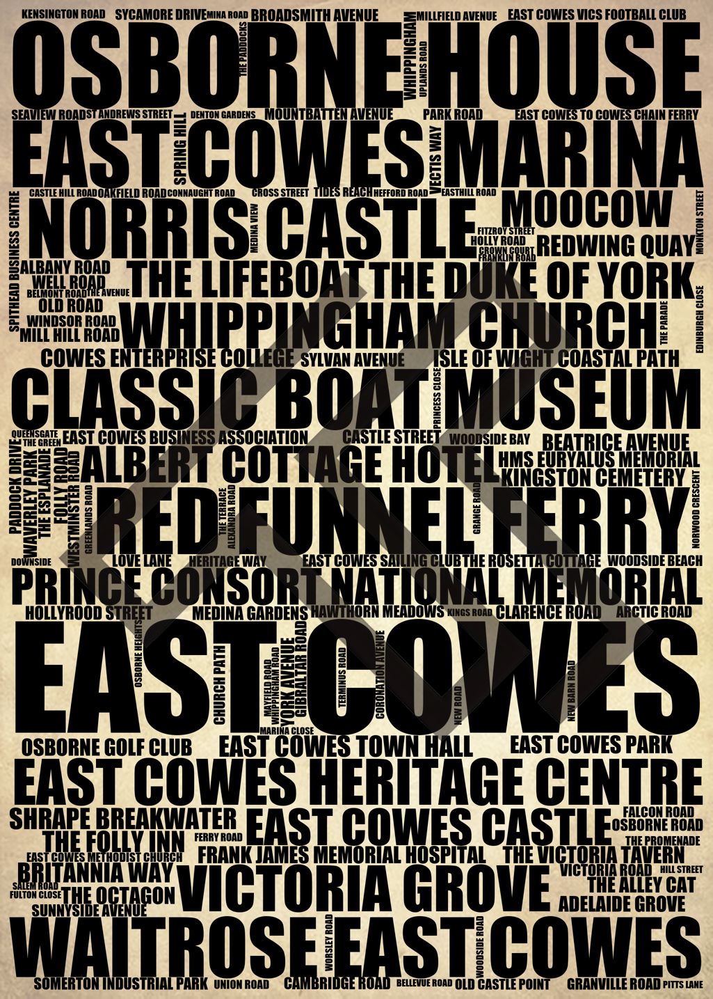 East Cowes - Premium Typographic Word Cloud Prints, Posters & Gifts