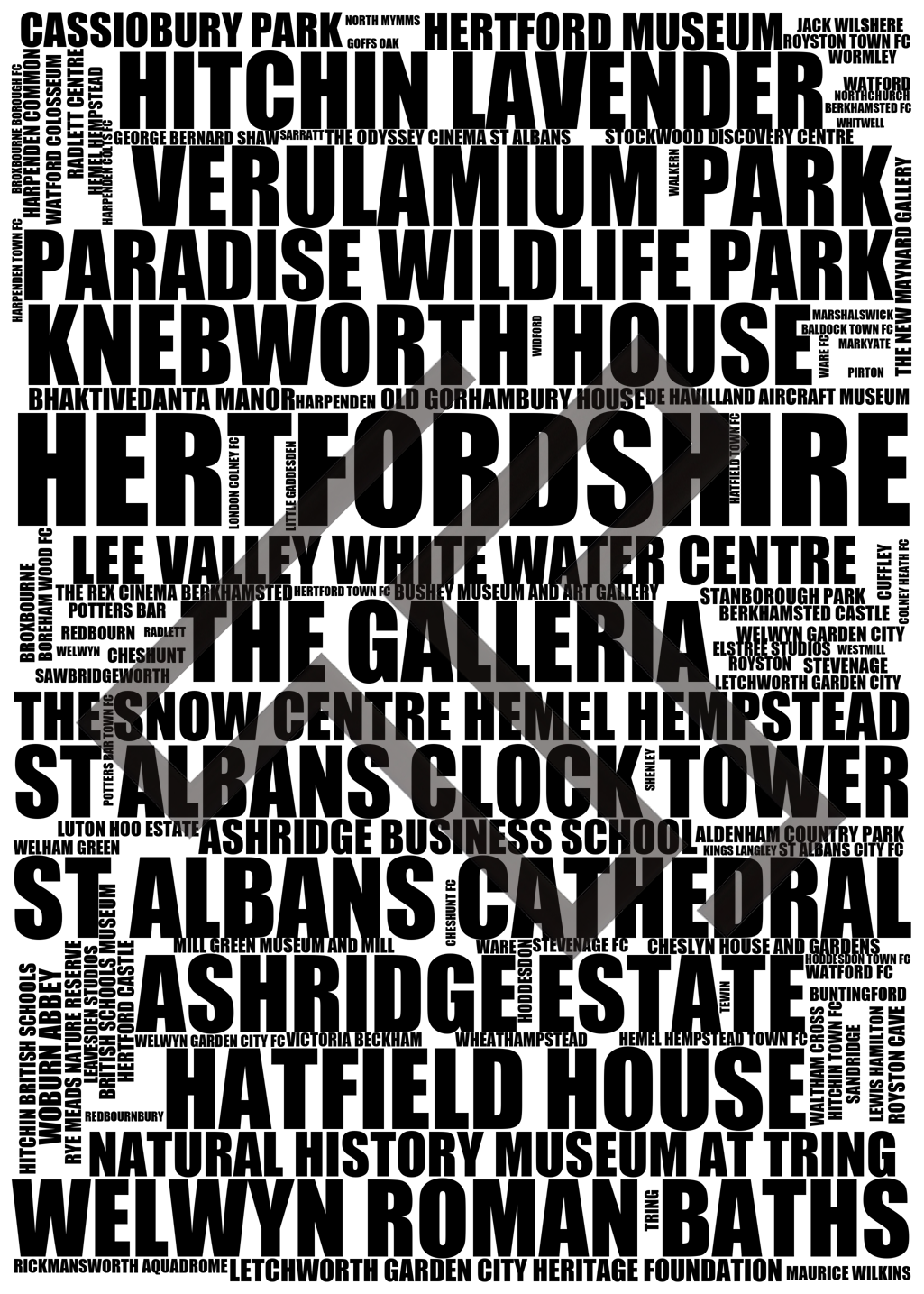 Hertfordshire - Premium Typographic Word Cloud Prints, Posters & Gifts