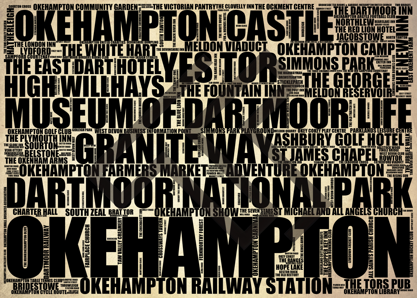 Okehampton - Premium Typographic Word Cloud Prints, Posters & Gifts