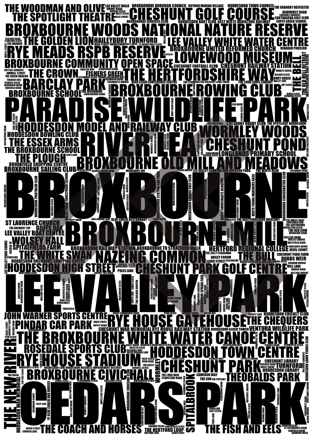 Broxbourne - Premium Typographic Word Cloud Prints, Posters & Gifts