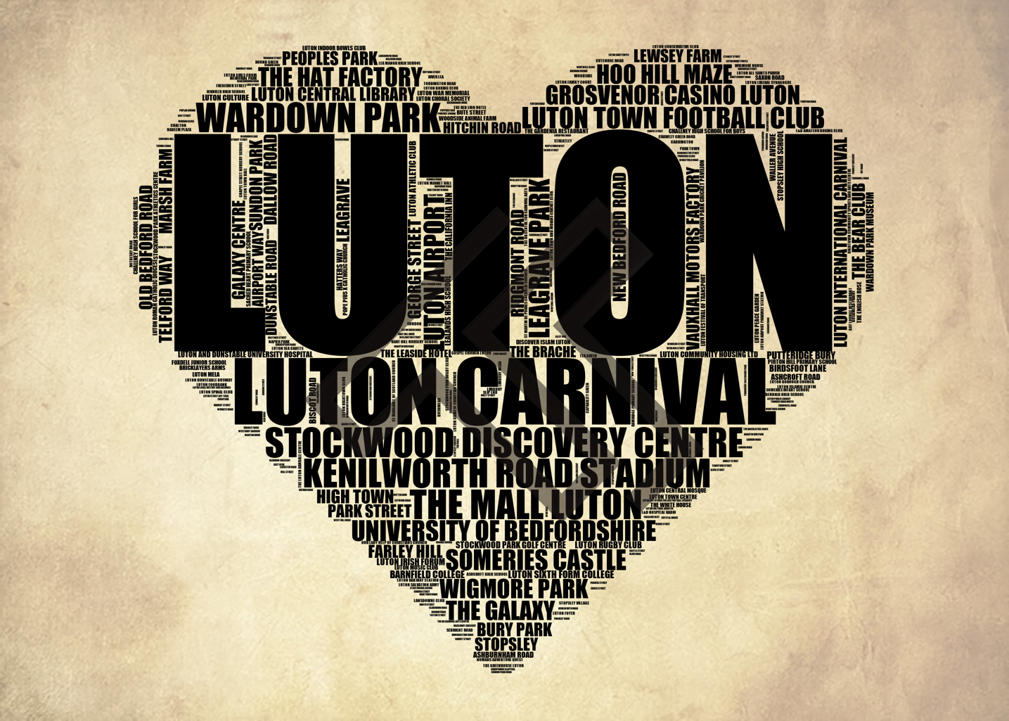 Luton - Premium Typographic Word Cloud Prints, Posters & Gifts