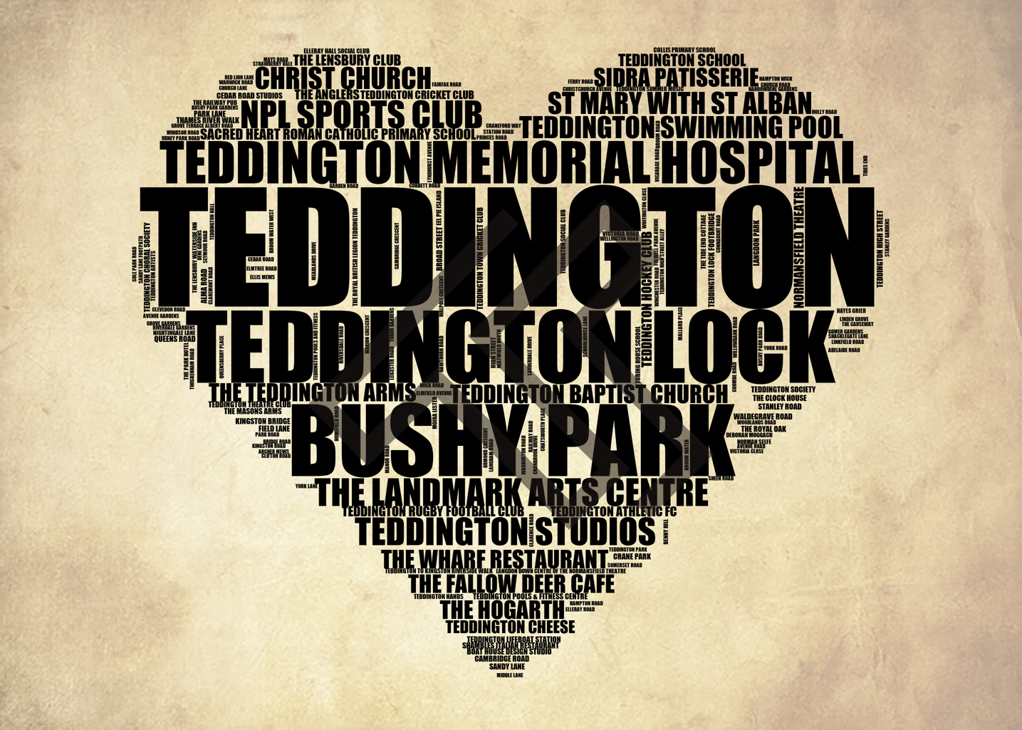 Teddington - Premium Typographic Word Cloud Prints, Posters & Gifts