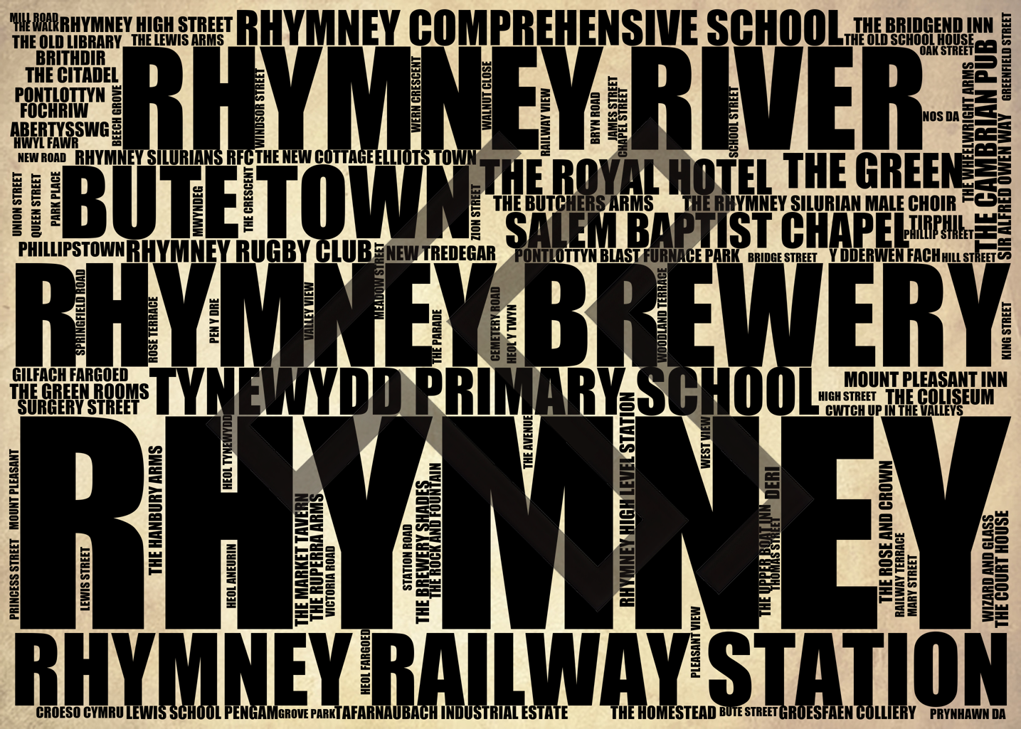 Rhymney - Premium Typographic Word Cloud Prints, Posters & Gifts
