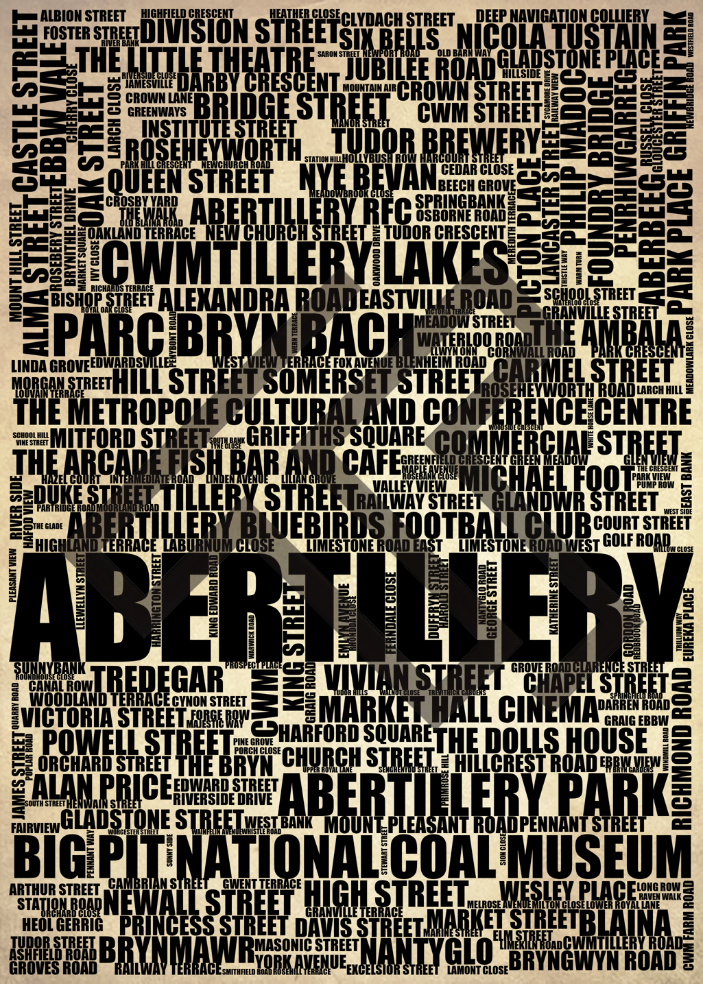 Abertillery - Premium Typographic Word Cloud Prints, Posters & Gifts