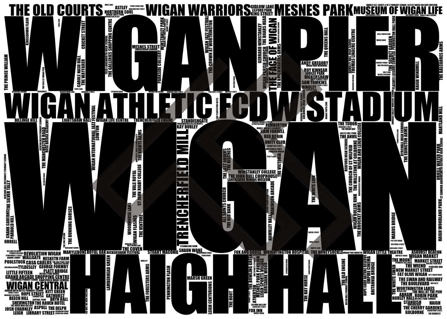 Wigan - Premium Typographic Word Cloud Prints, Posters & Gifts