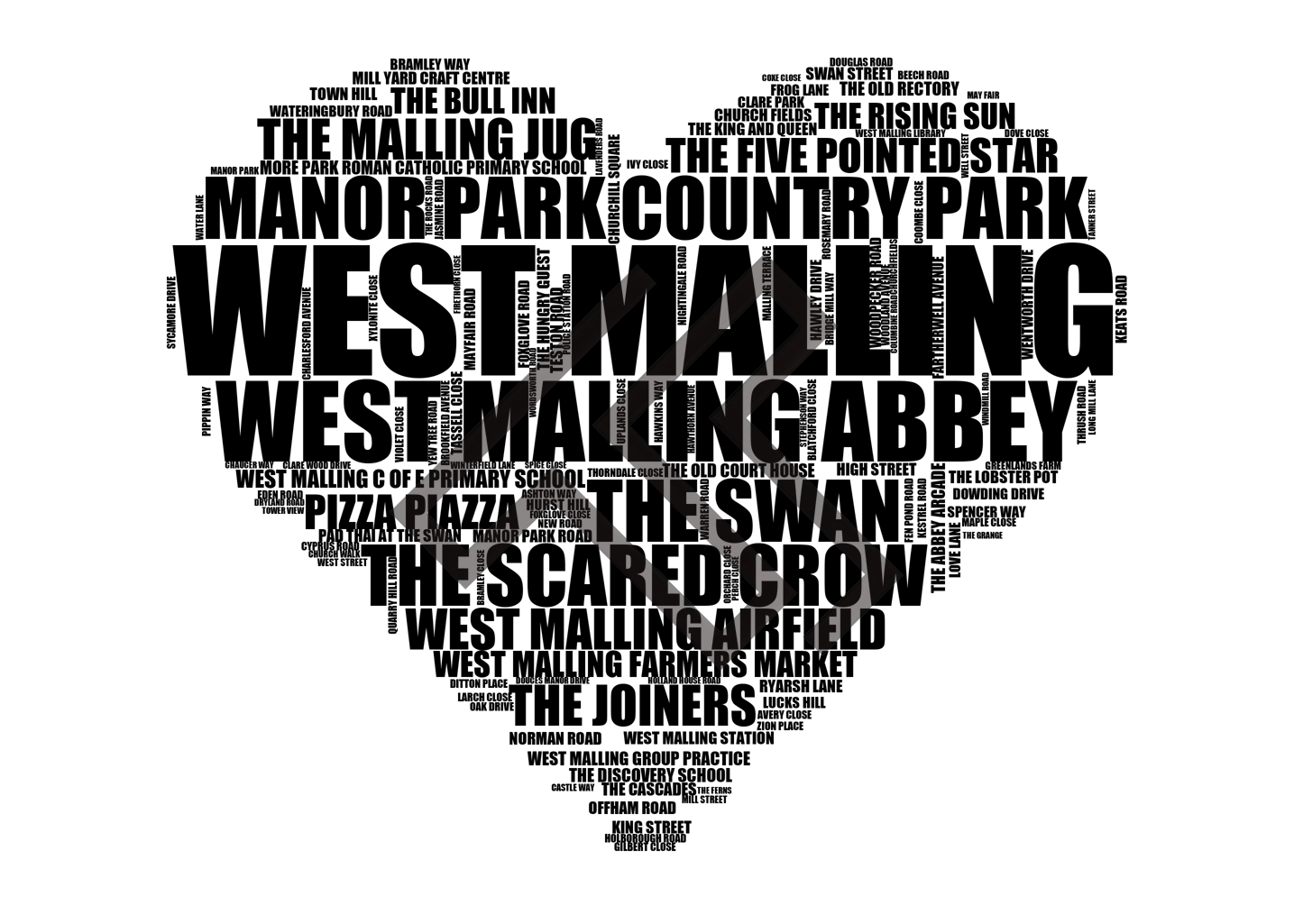 West Malling - Premium Typographic Word Cloud Prints, Posters & Gifts