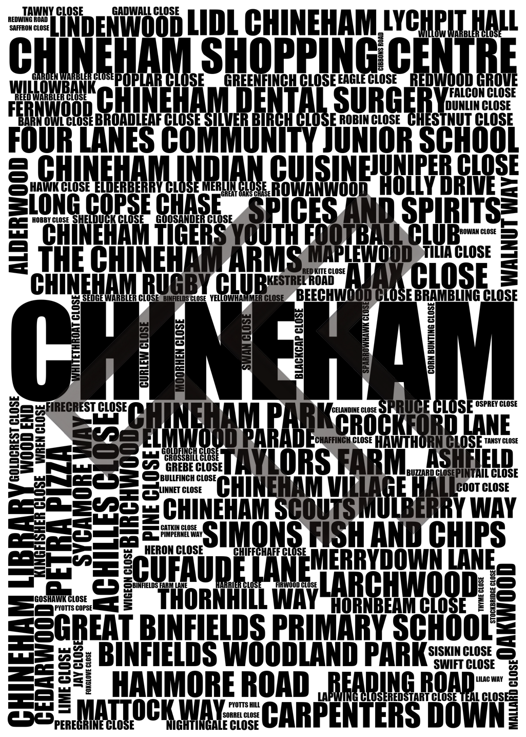 Chineham - Premium Typographic Word Cloud Prints, Posters & Gifts