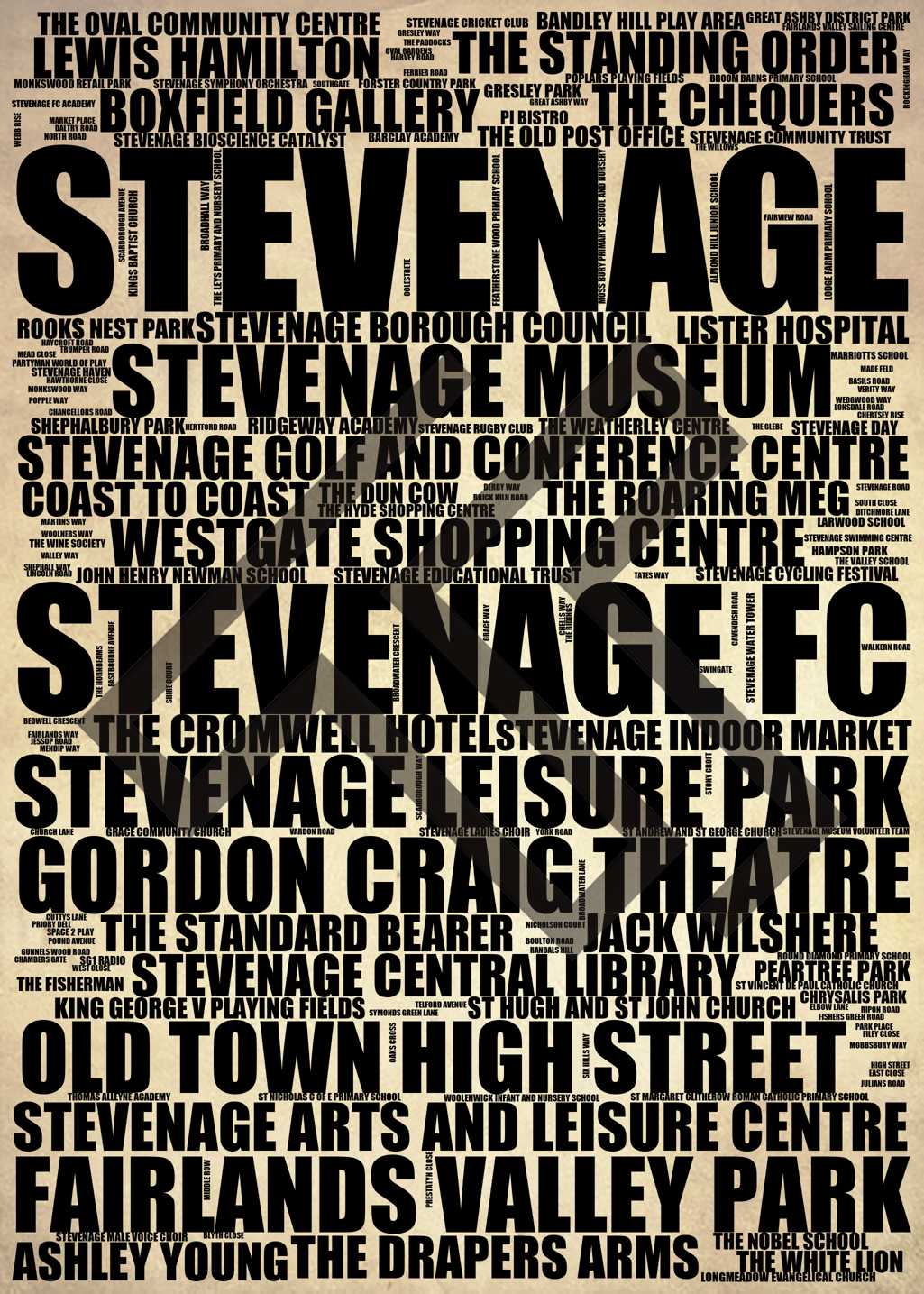 Stevenage - Premium Typographic Word Cloud Prints, Posters & Gifts