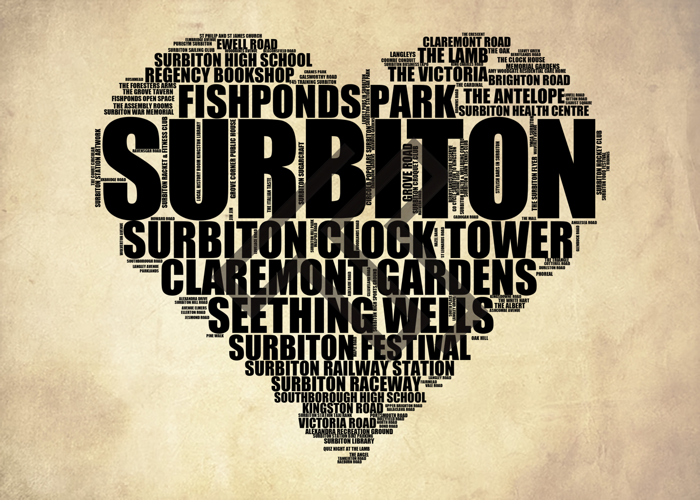 Surbiton - Premium Typographic Word Cloud Prints, Posters & Gifts