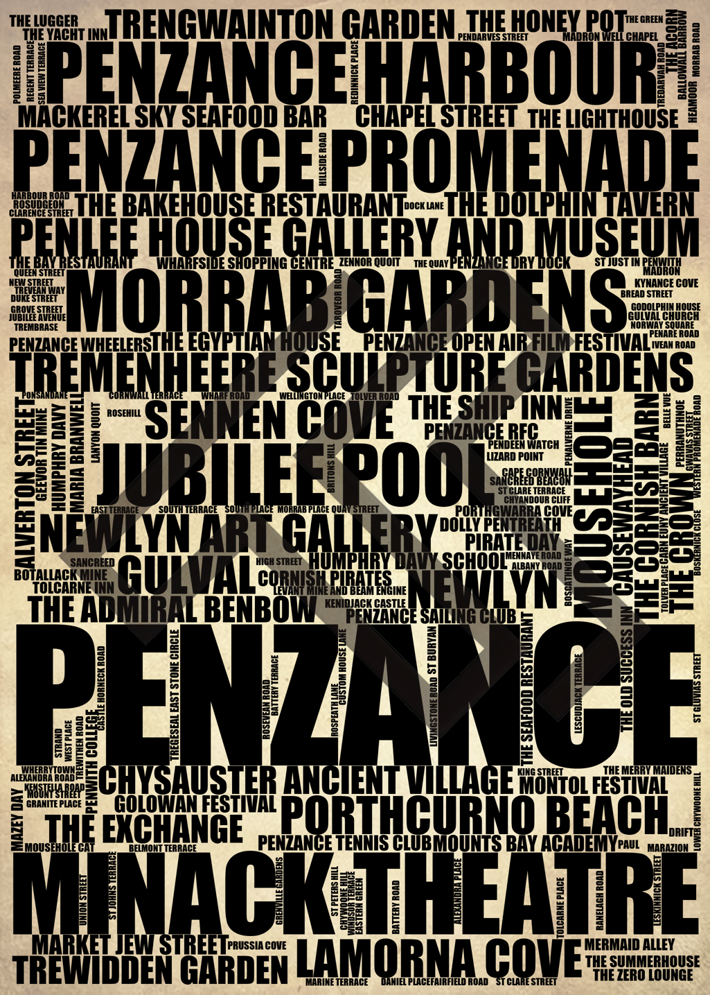 Penzance - Premium Typographic Word Cloud Prints, Posters & Gifts