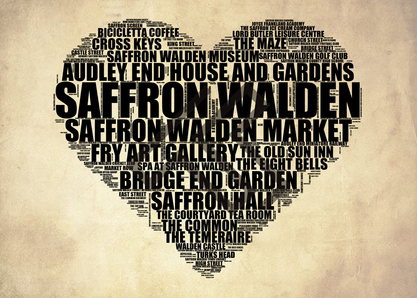 Saffron Walden - Premium Typographic Word Cloud Prints, Posters & Gifts