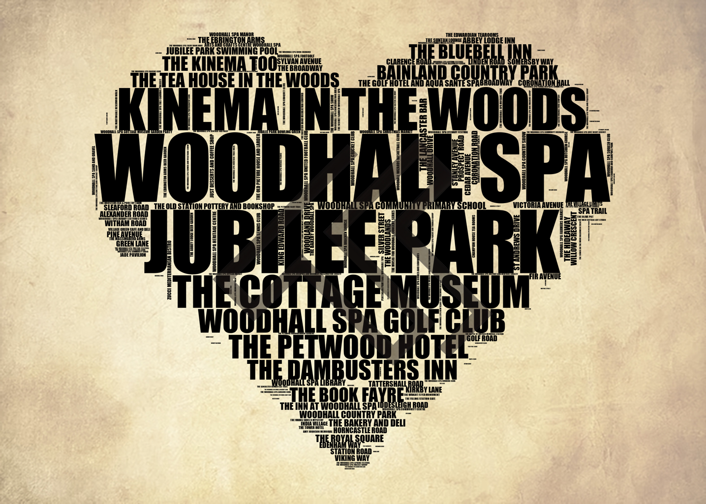 Woodhall Spa - Premium Typographic Word Cloud Prints, Posters & Gifts