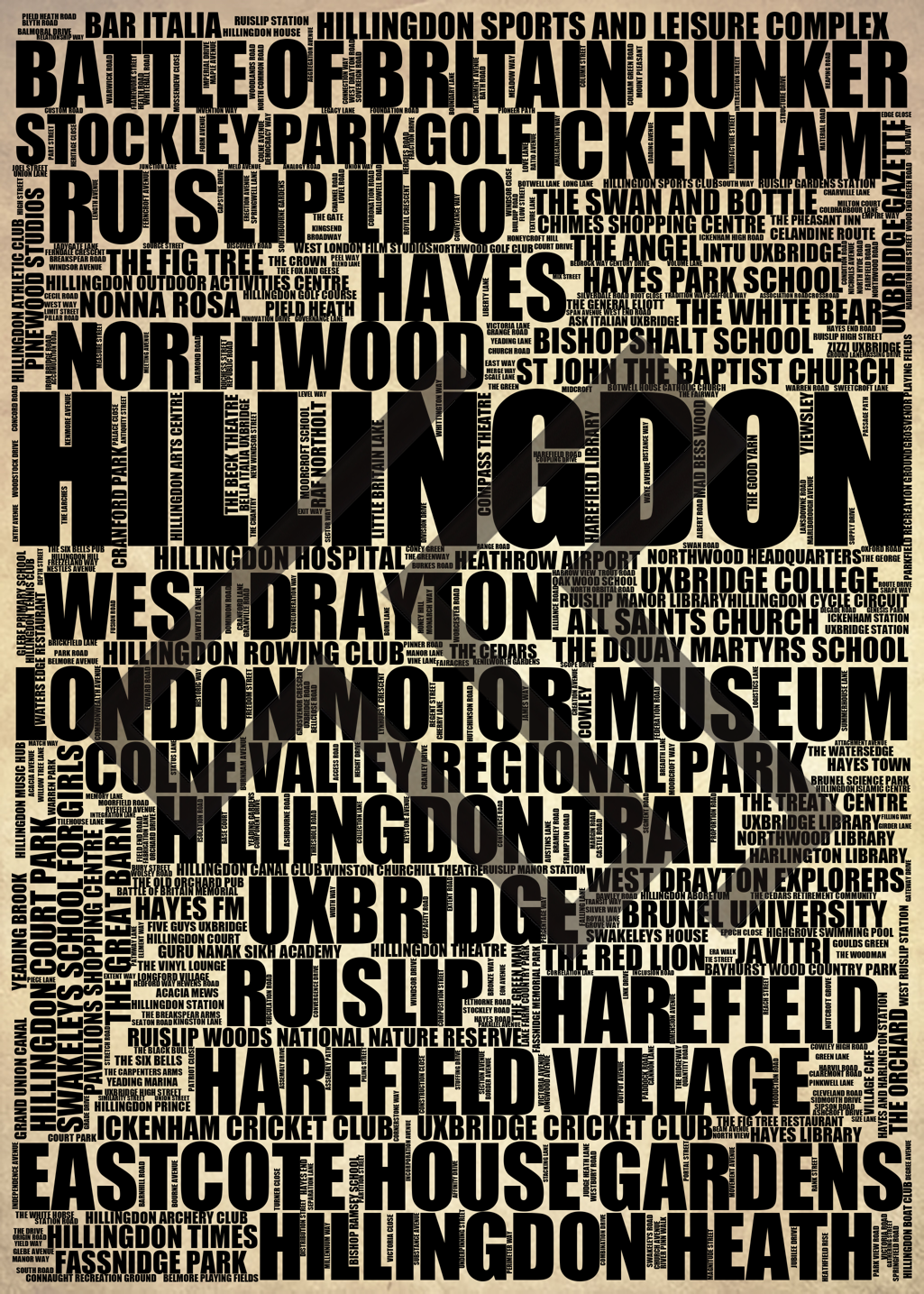 Hillingdon - Premium Typographic Word Cloud Prints, Posters & Gifts