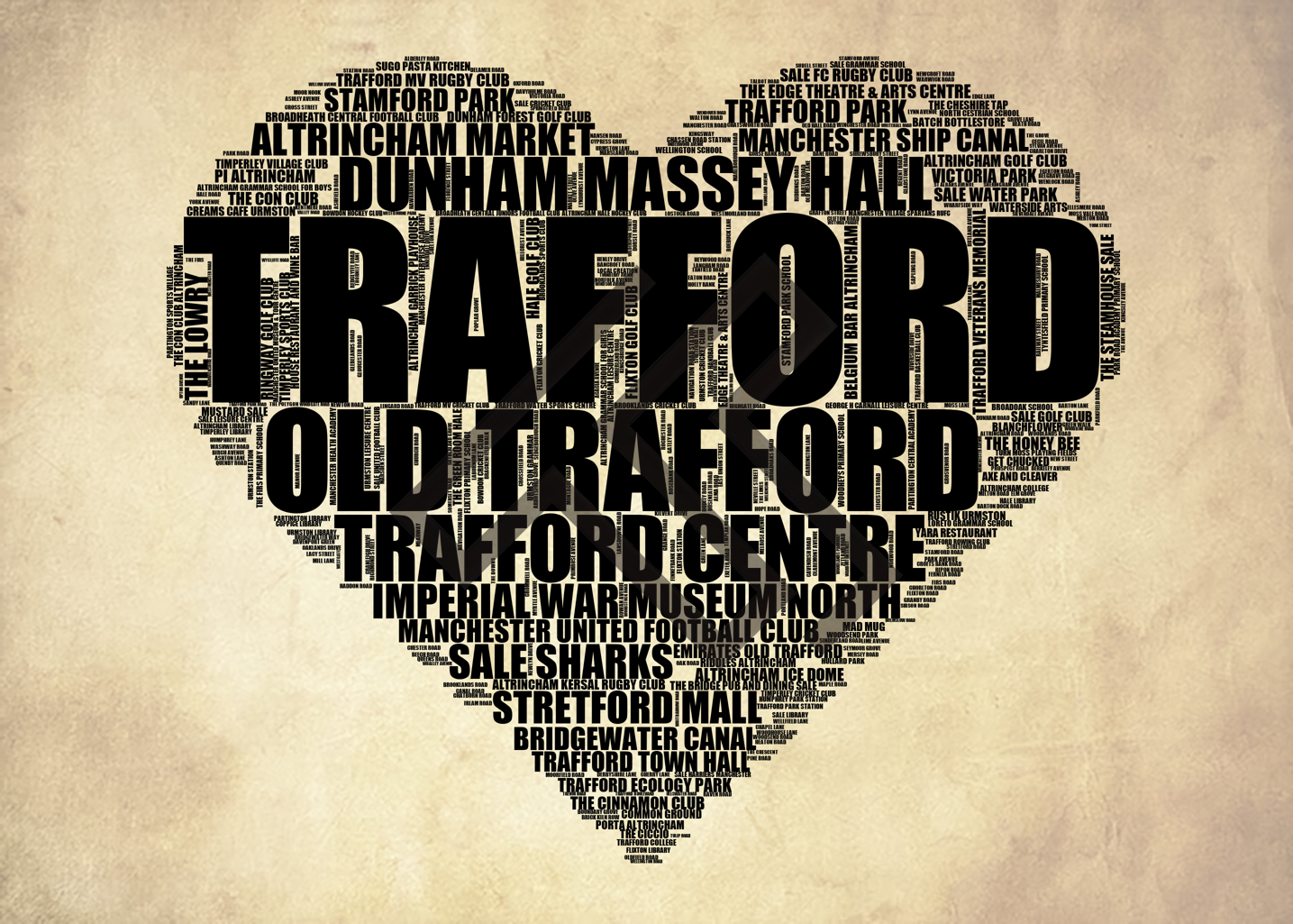 Trafford - Premium Typographic Word Cloud Prints, Posters & Gifts