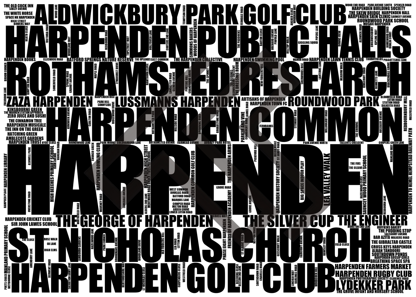 Harpenden - Premium Typographic Word Cloud Prints, Posters & Gifts