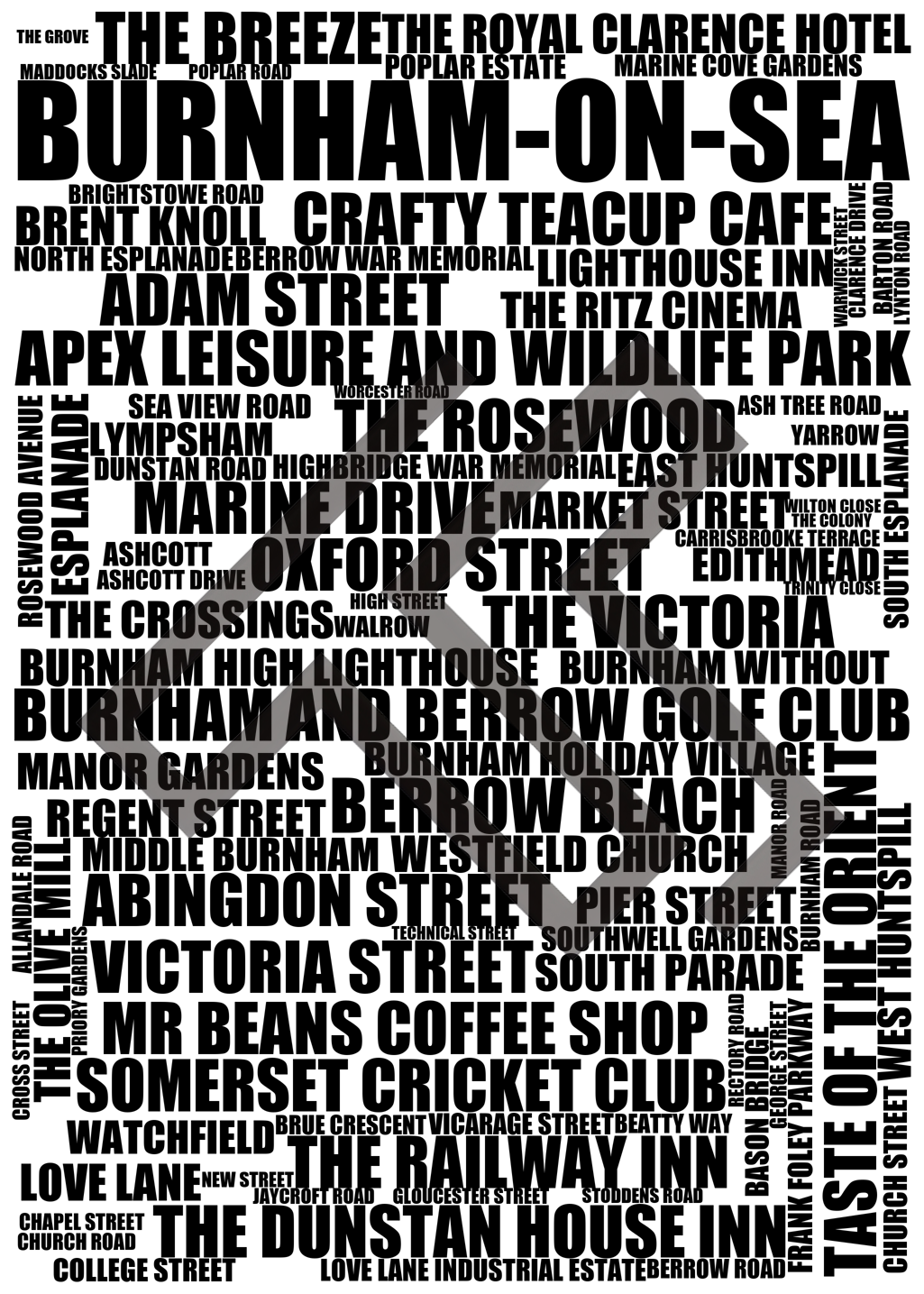 Burnham-on-Sea - Premium Typographic Word Cloud Prints, Posters & Gifts