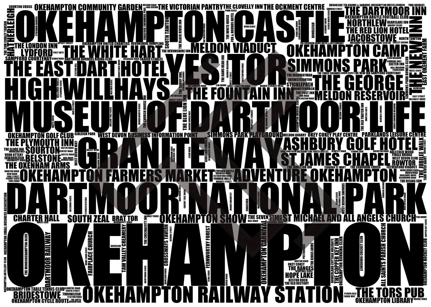 Okehampton - Premium Typographic Word Cloud Prints, Posters & Gifts