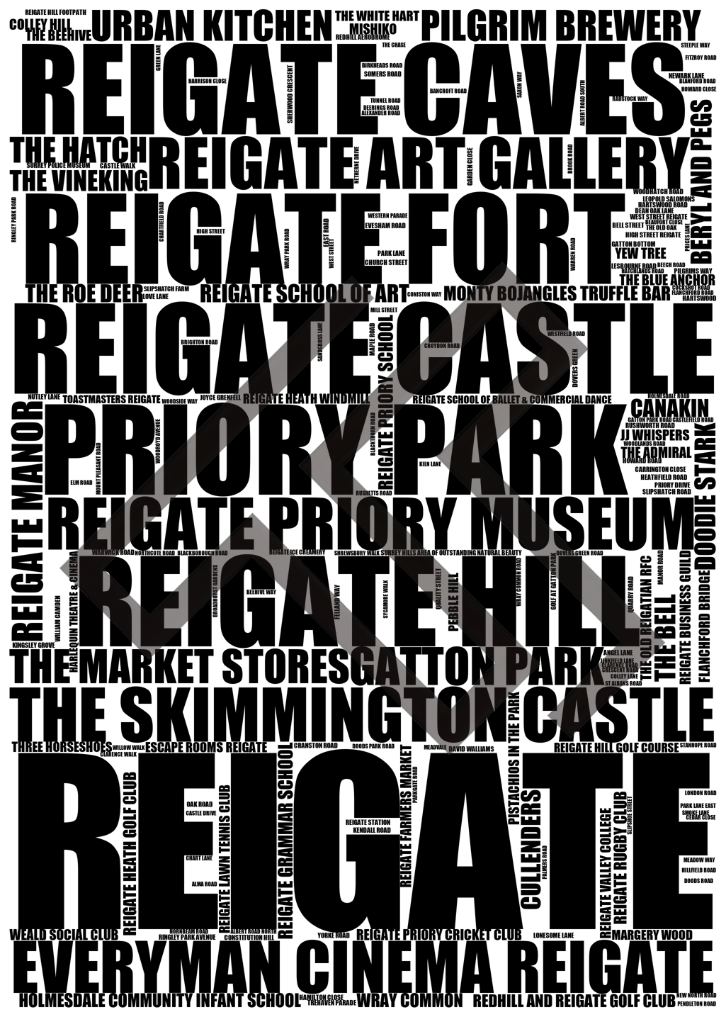 Reigate - Premium Typographic Word Cloud Prints, Posters & Gifts