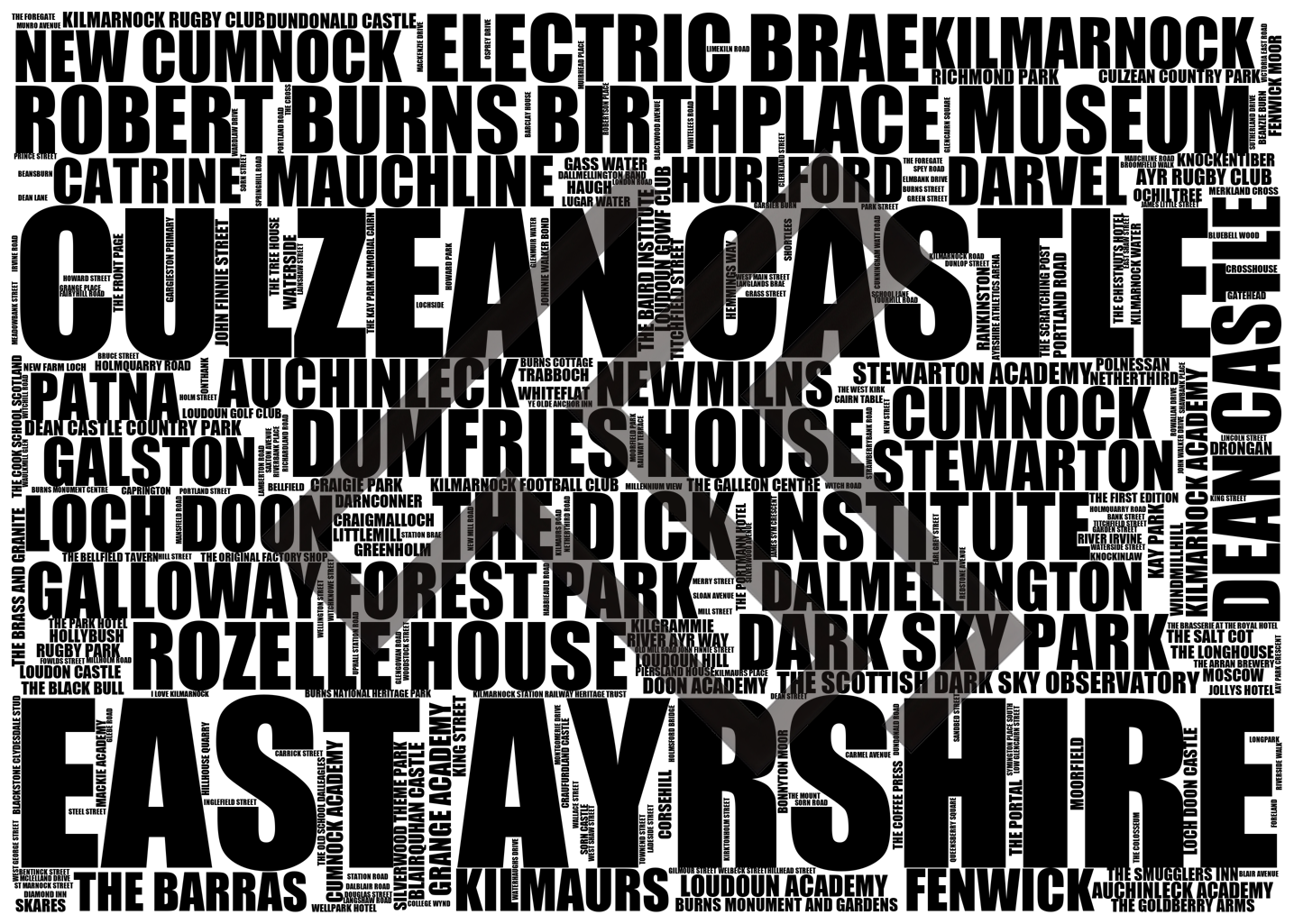 East Ayrshire - Premium Typographic Word Cloud Prints, Posters & Gifts