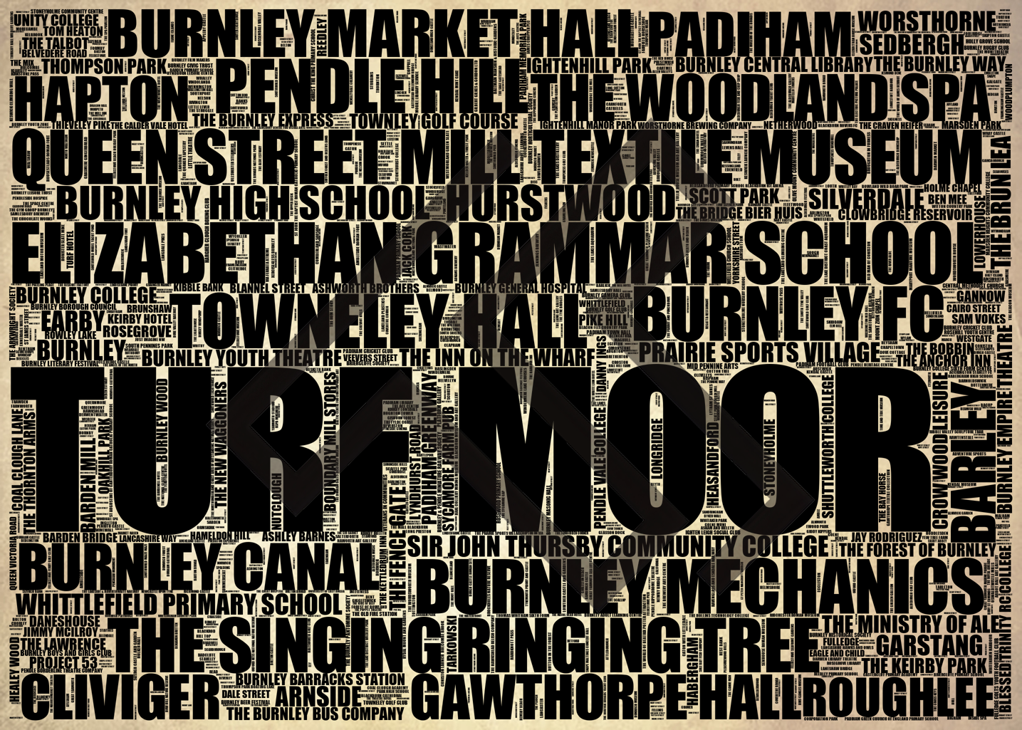 Burnley - Premium Typographic Word Cloud Prints, Posters & Gifts