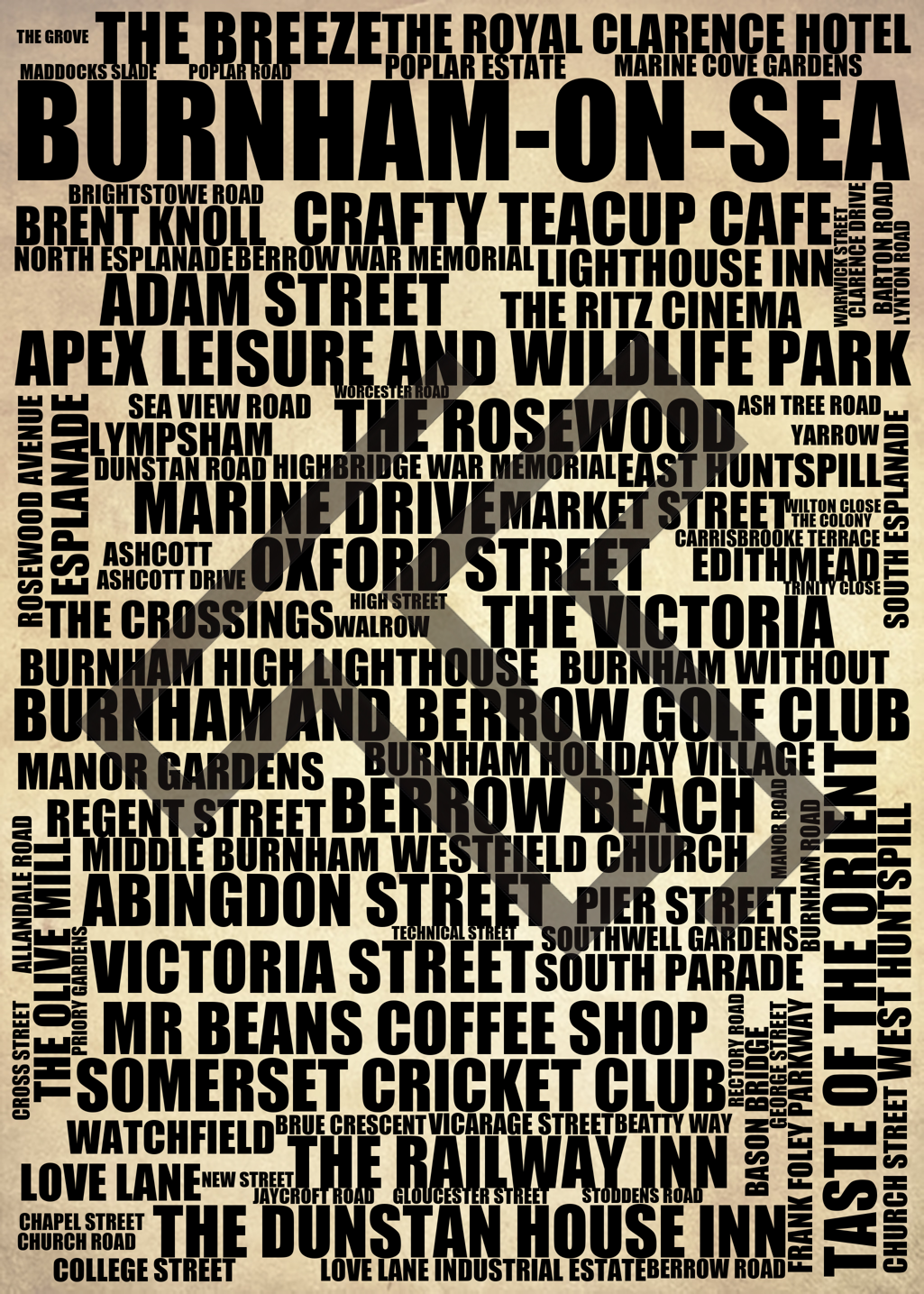 Burnham-on-Sea - Premium Typographic Word Cloud Prints, Posters & Gifts